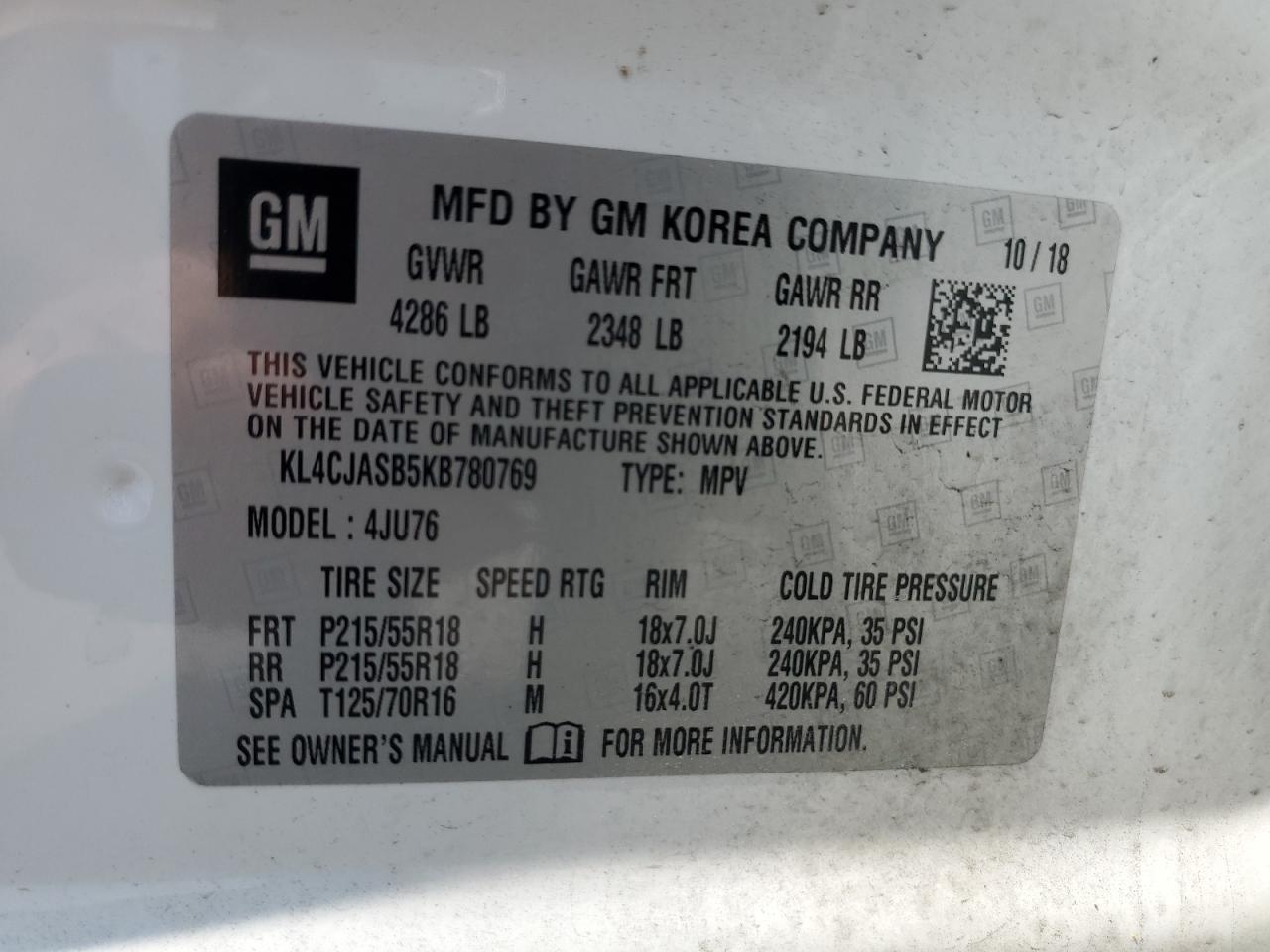 2019 Buick Encore Preferred VIN: KL4CJASB5KB780769 Lot: 71530885