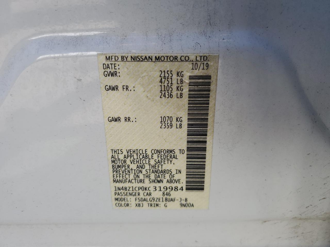 2019 Nissan Leaf S Plus VIN: 1N4BZ1CP0KC319984 Lot: 84791565