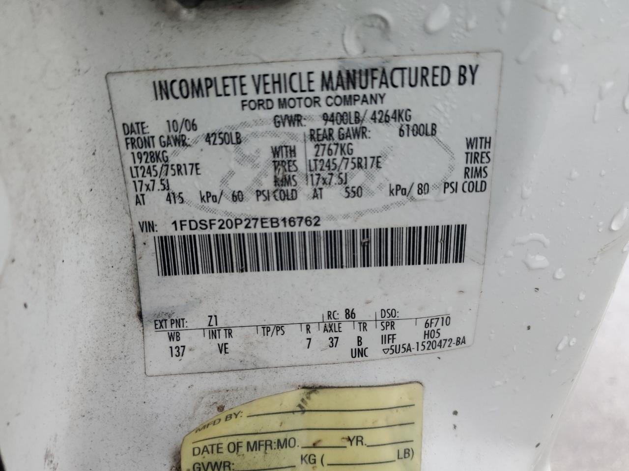 2007 Ford F250 Super Duty VIN: 1FDSF20P27EB16762 Lot: 71402015