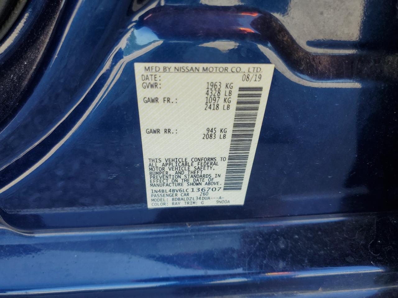 2020 Nissan Altima S VIN: 1N4BL4BV6LC136707 Lot: 71617895