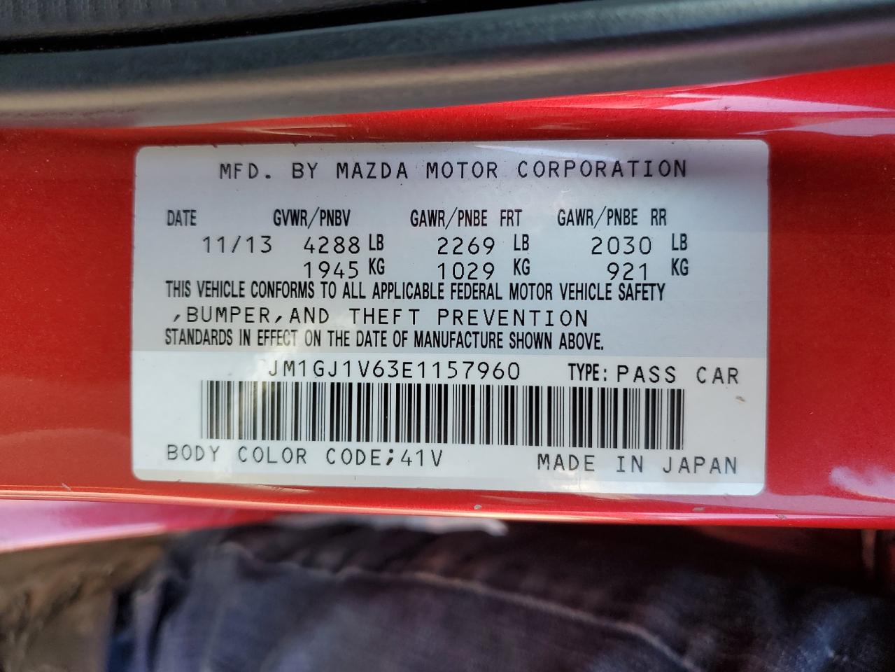 2014 Mazda 6 Touring VIN: JM1GJ1V63E1157960 Lot: 71905305