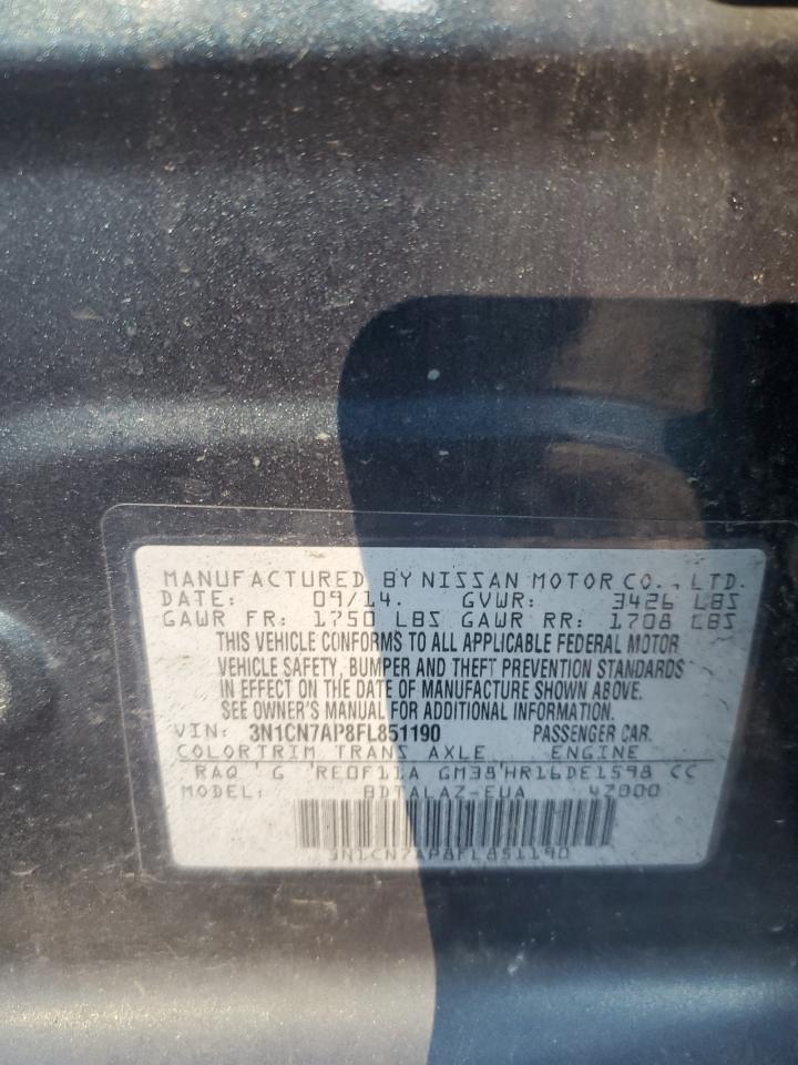 2015 Nissan Versa S VIN: 3N1CN7AP8FL85119 Lot: 71797755