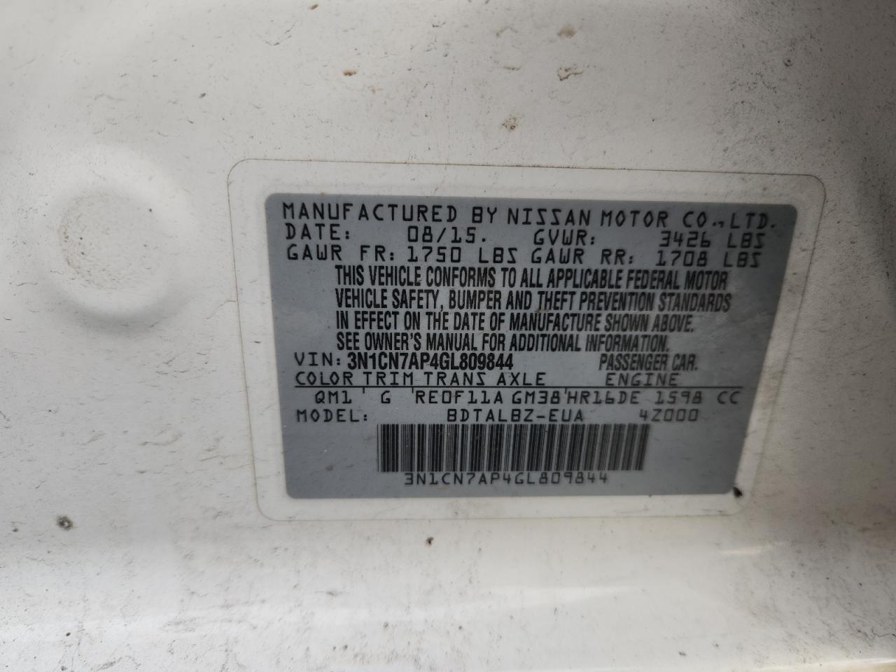 2016 Nissan Versa S VIN: 3N1CN7AP4GL809844 Lot: 71802055