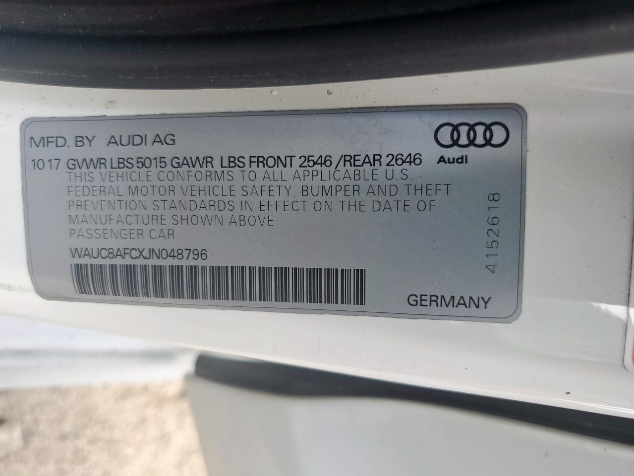 2018 Audi A6 Premium VIN: WAUC8AFCXJN048796 Lot: 81887525