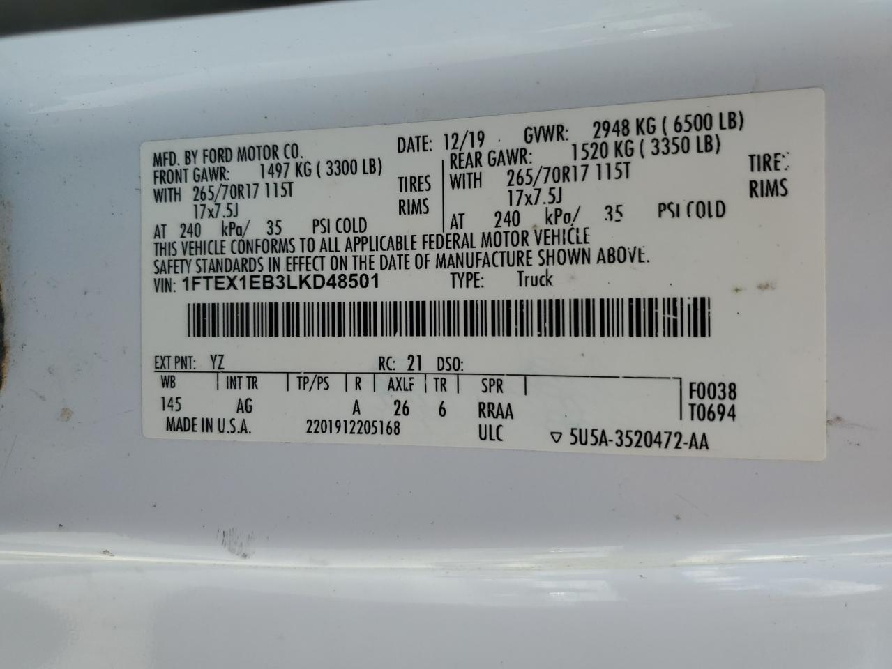 2020 Ford F150 Super Cab VIN: 1FTEX1EB3LKD48501 Lot: 71211035