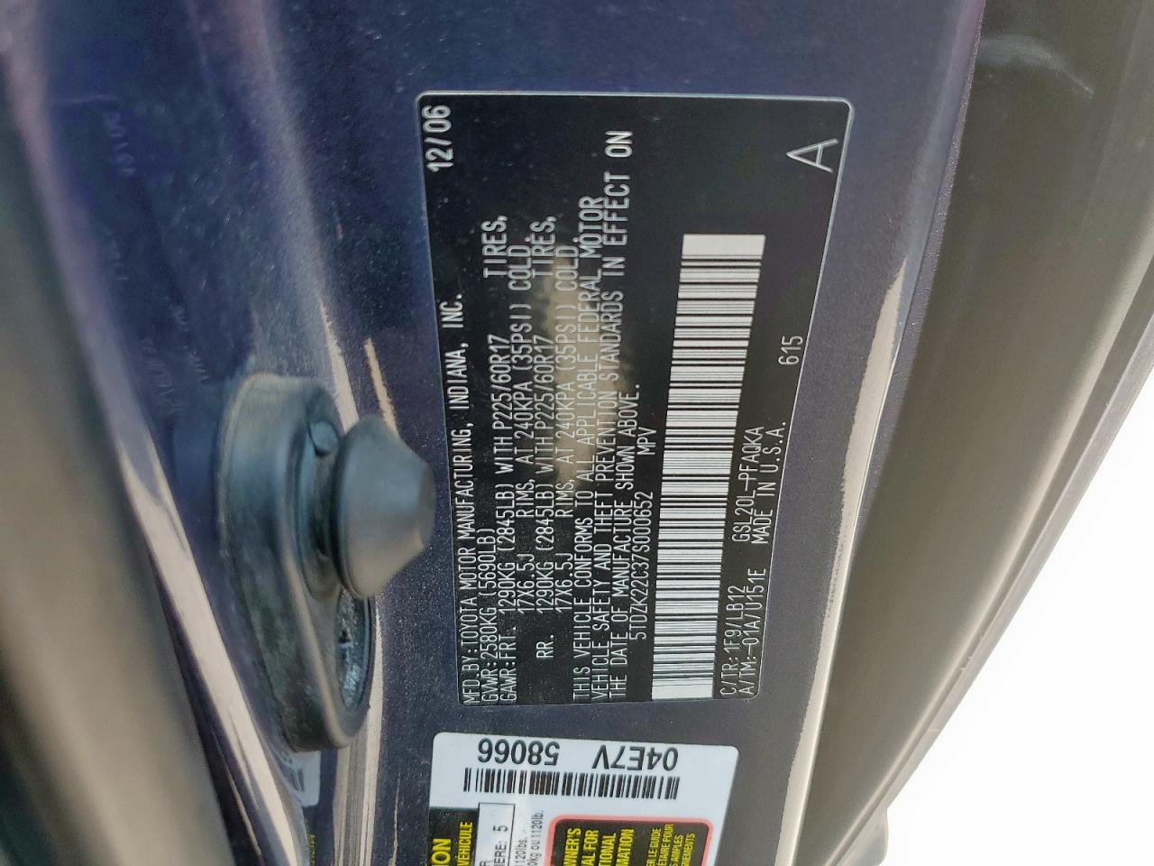 2007 Toyota Sienna Xle VIN: 5TDZK22C37S000652 Lot: 80224675