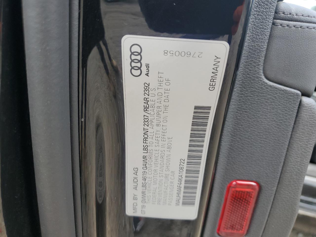 2019 Audi A4 Premium Plus VIN: WAUHMAF44KA108722 Lot: 81721875