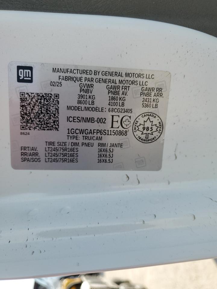 2025 Chevrolet Express G2500 VIN: 1GCWGAFP6S1150868 Lot: 81196925