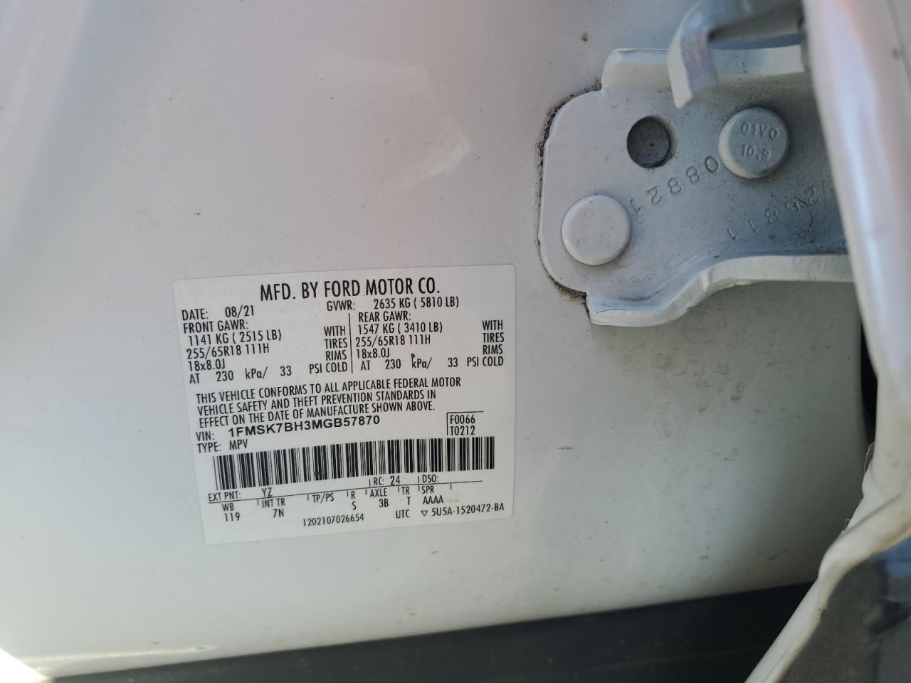 2021 Ford Explorer VIN: 1FMSK7BH3MGB57870 Lot: 71235975