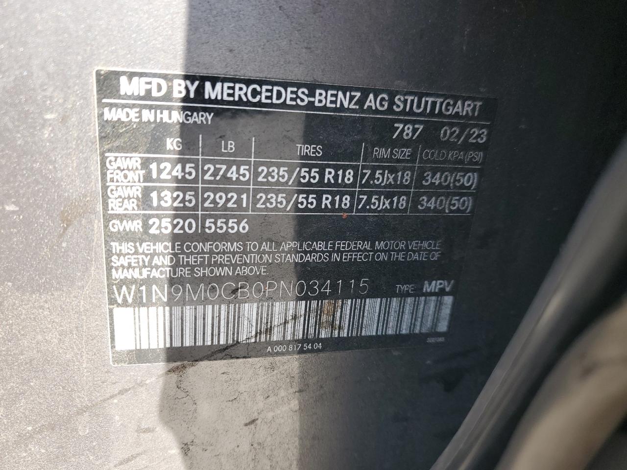 2023 Mercedes-Benz Eqb 250+ VIN: W1N9M0CB0PN034115 Lot: 80724645