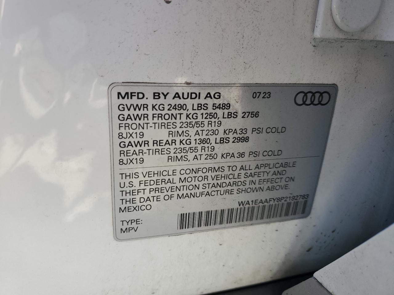 2023 Audi Q5 Premium Plus 45 VIN: WA1EAAFY8P2192783 Lot: 71016925