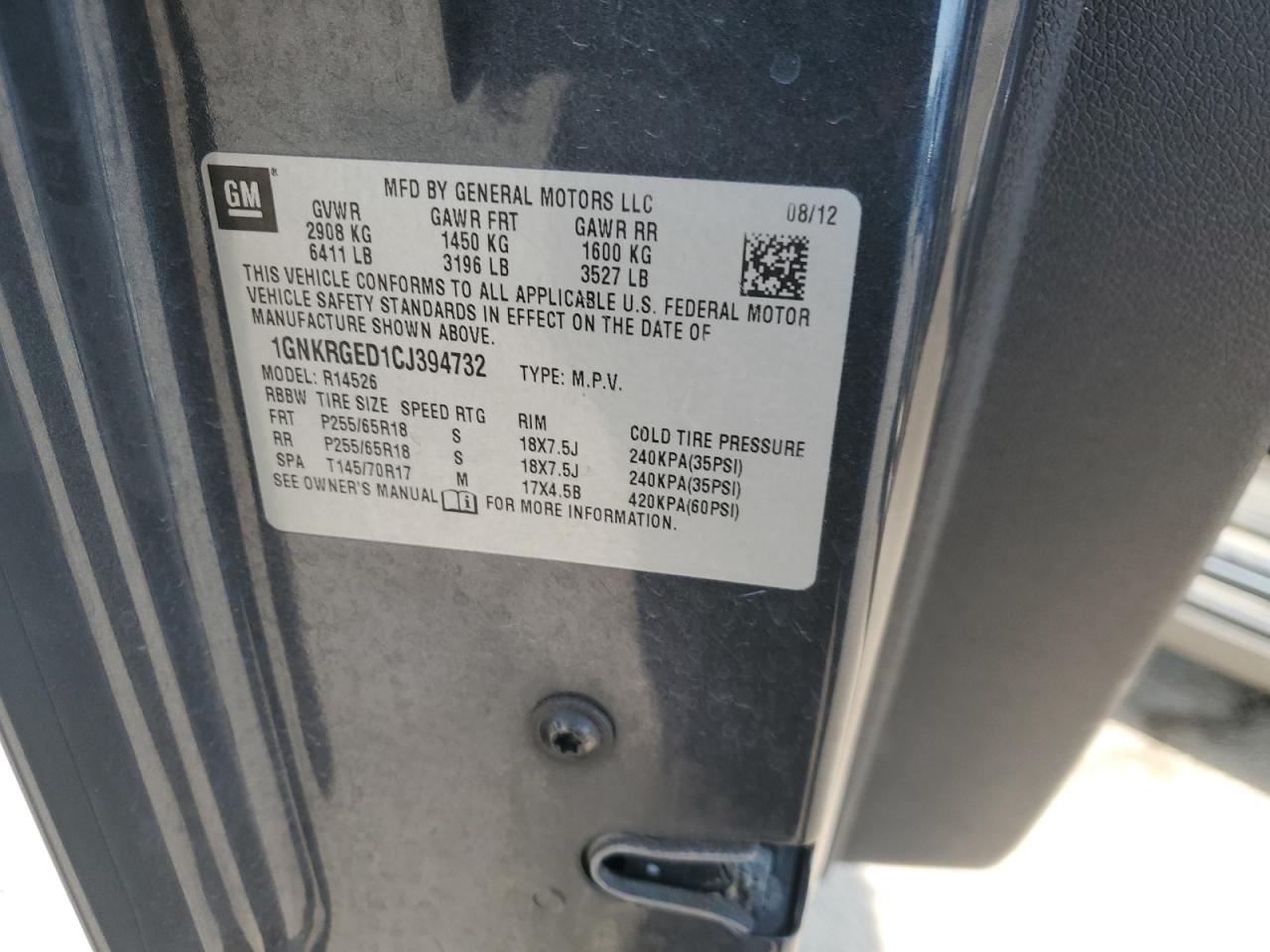 2012 Chevrolet Traverse Lt VIN: 1GNKRGED1CJ394732 Lot: 80655095