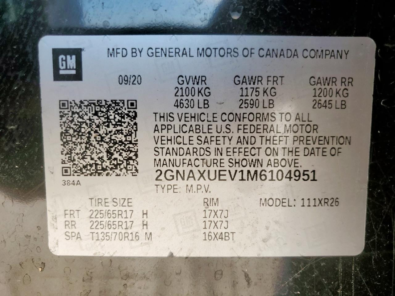 2021 Chevrolet Equinox Lt VIN: 2GNAXUEV1M6104951 Lot: 80663175