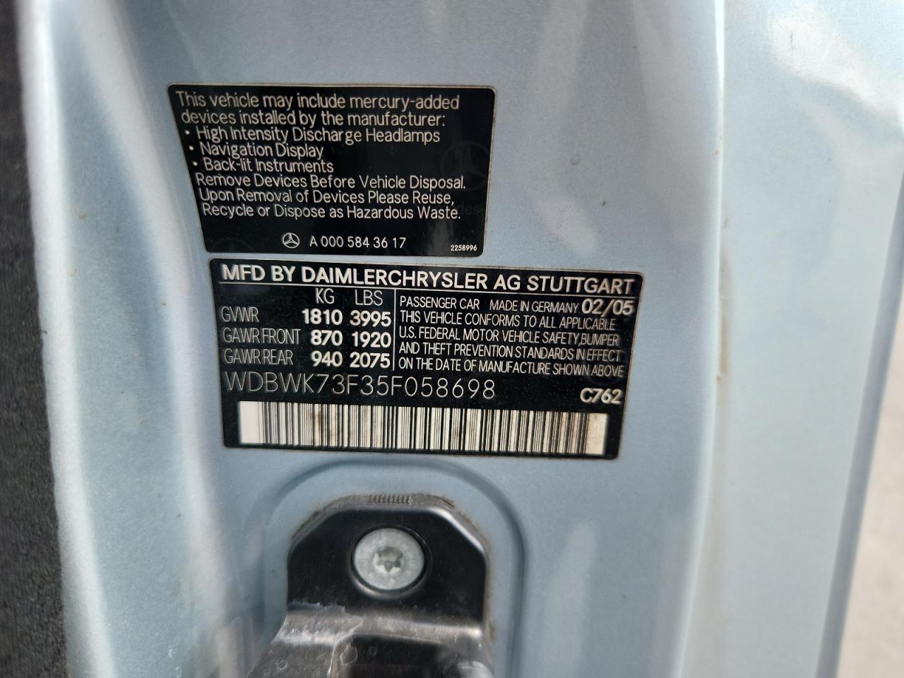 2005 Mercedes-Benz Slk 55 Amg VIN: WDBWK73F35F058698 Lot: 81609235