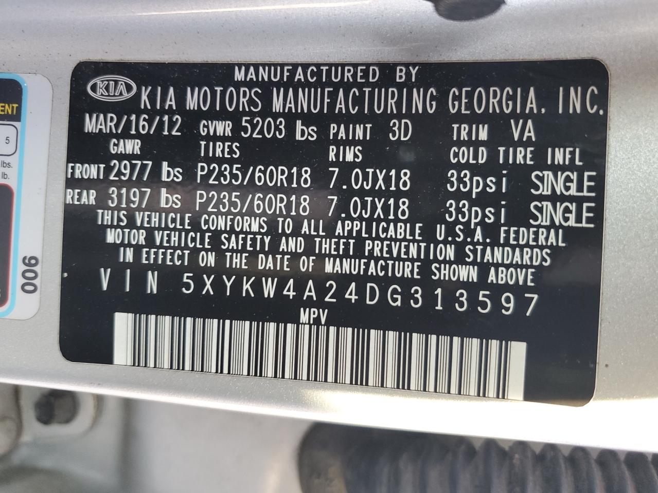 2013 Kia Sorento Sx VIN: 5XYKW4A24DG313597 Lot: 80565665
