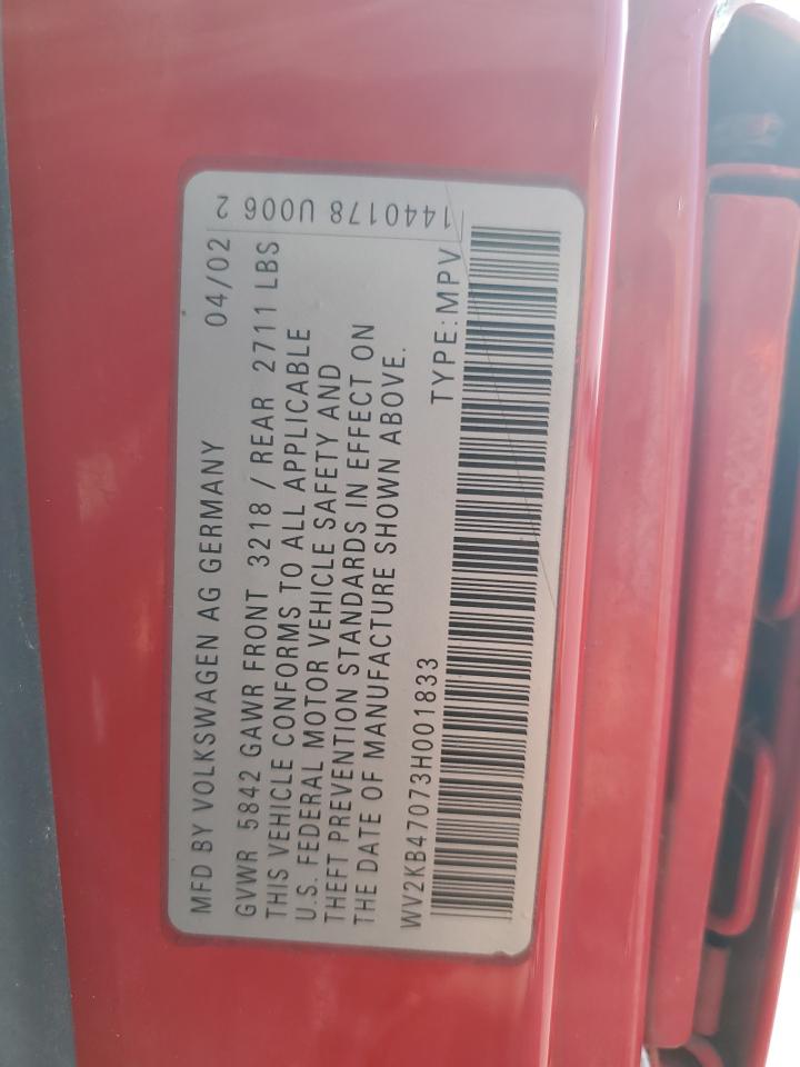 2003 Volkswagen Eurovan Gls VIN: WV2KB47073H001833 Lot: 80686065