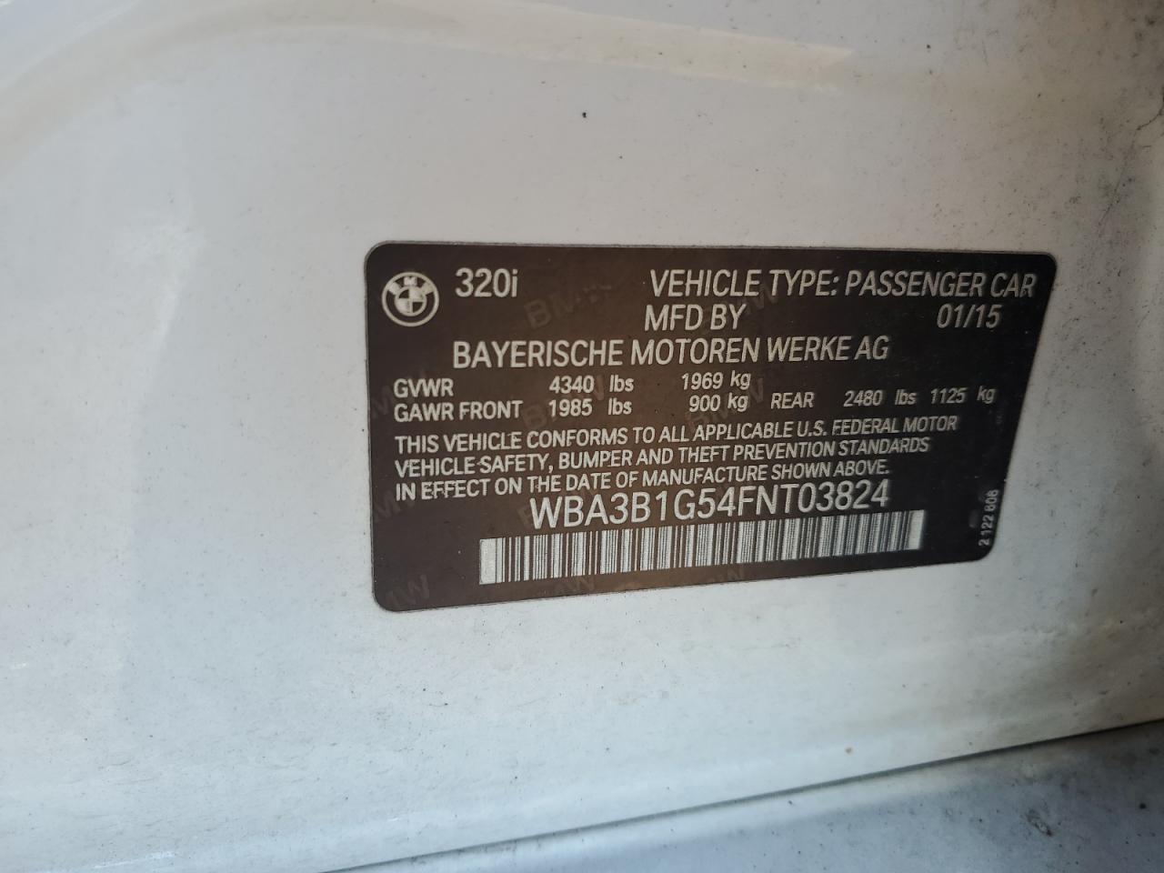 2015 BMW 320 I VIN: WBA3B1G54FNT03824 Lot: 81684285
