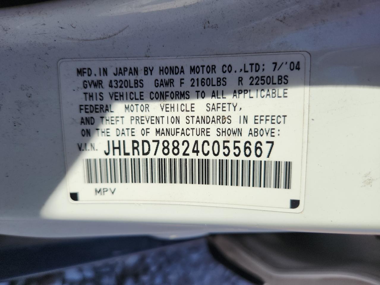 2004 Honda Cr-V Ex VIN: JHLRD78824C055667 Lot: 72098125