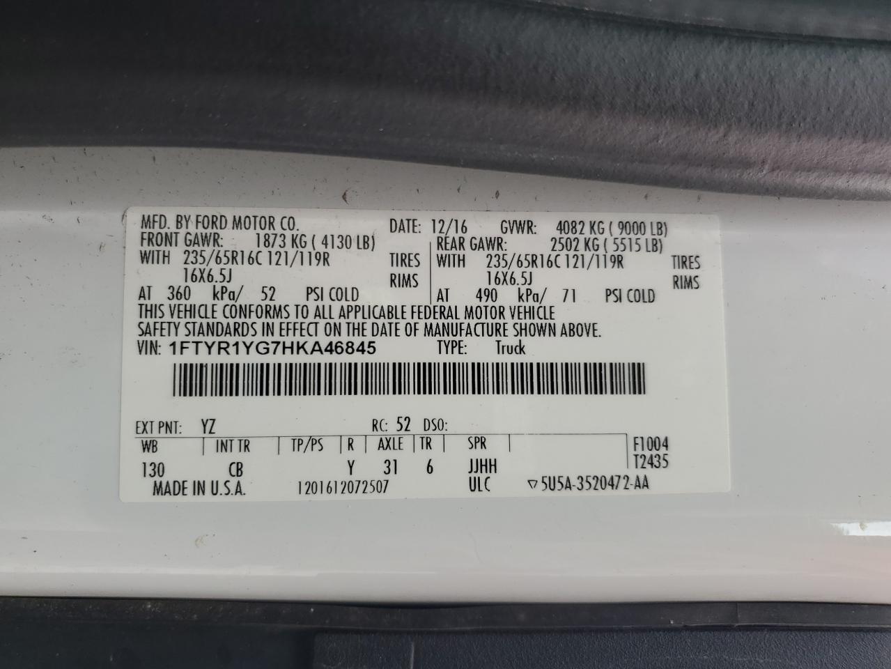 2017 Ford Transit T-250 VIN: 1FTYR1YG7HKA46845 Lot: 80866725