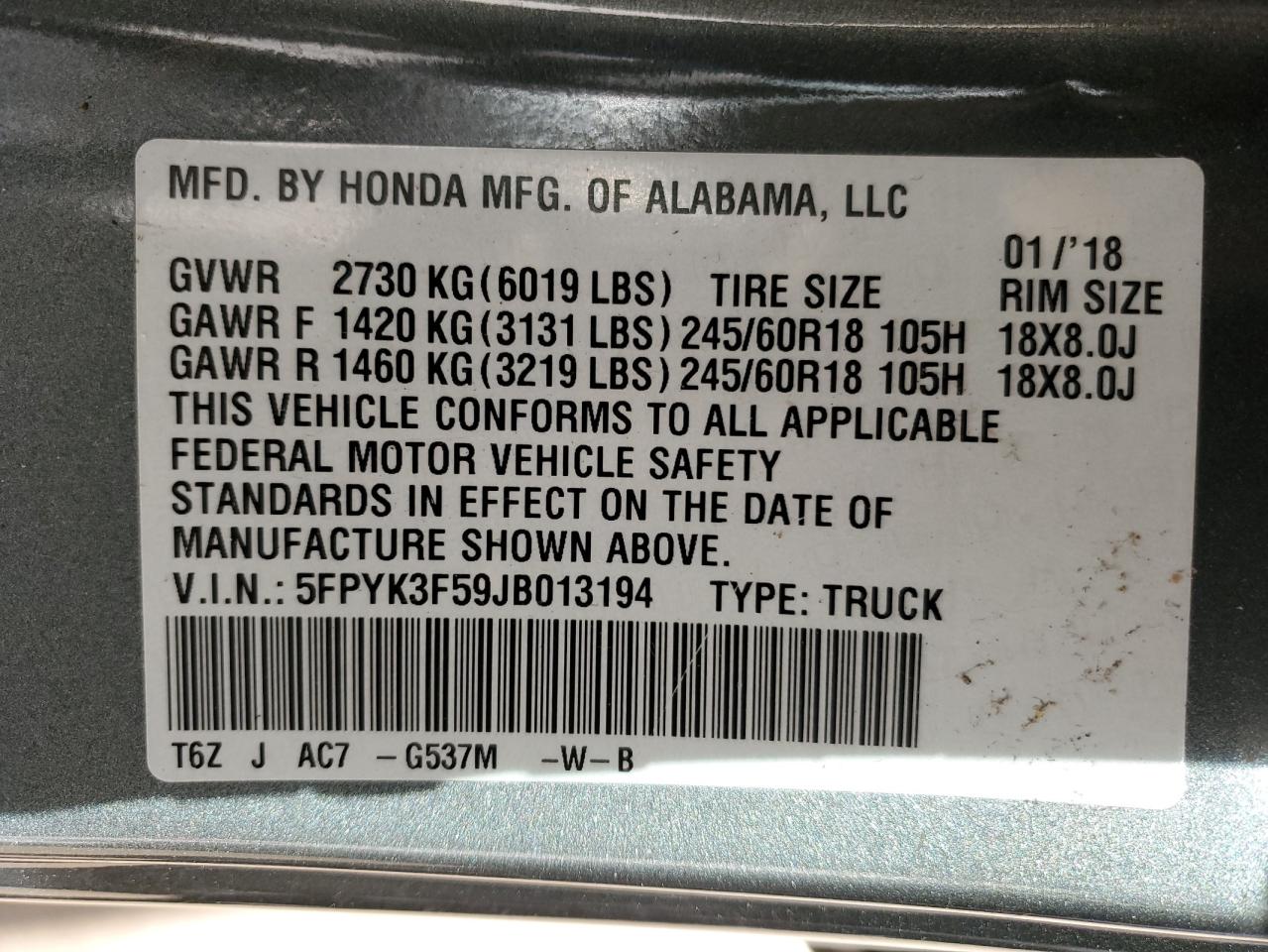 2018 Honda Ridgeline Rtl VIN: 5FPYK3F59JB013194 Lot: 81444925