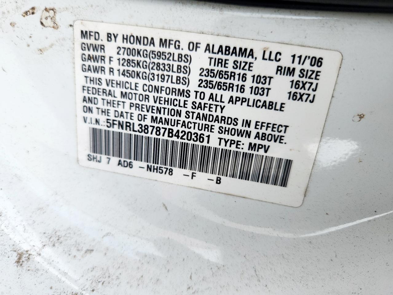 2007 Honda Odyssey Exl VIN: 5FNRL38787B420361 Lot: 71456215