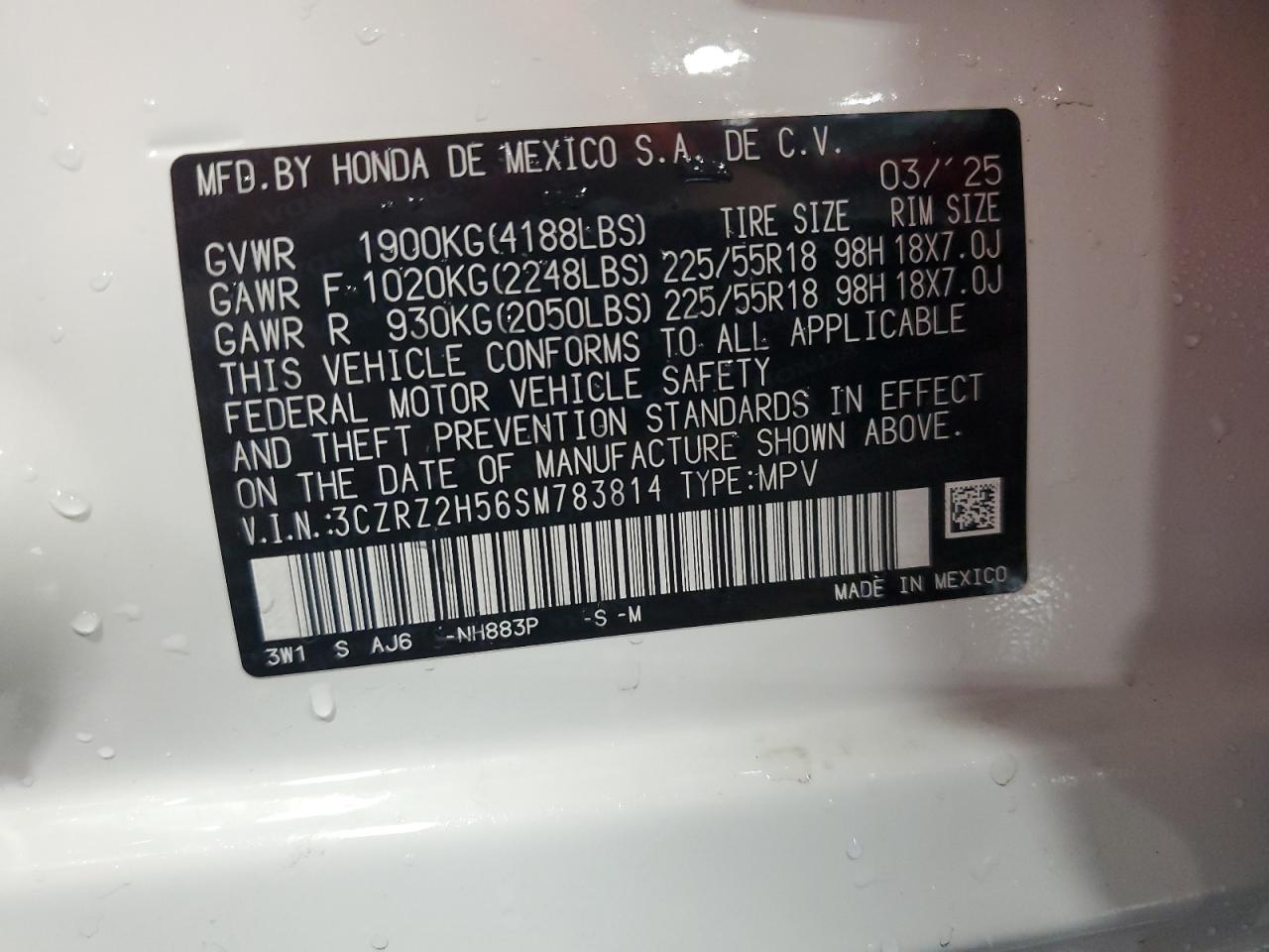 2025 Honda Hr-V Sport VIN: 3CZRZ2H56SM783814 Lot: 81572965