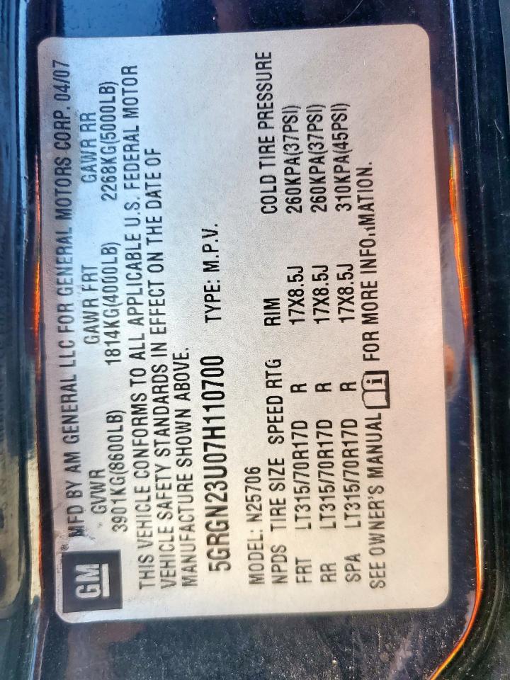 2007 Hummer H2 VIN: 5GRGN23U07H110700 Lot: 70231235