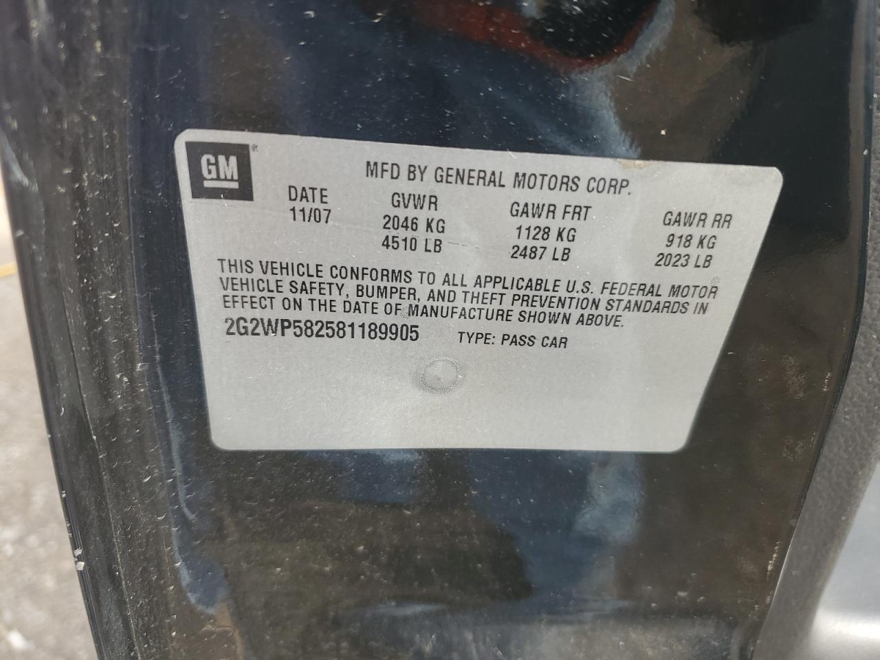 2008 Pontiac Gran Prix VIN: 2G2WP581189905 Lot: 81071395