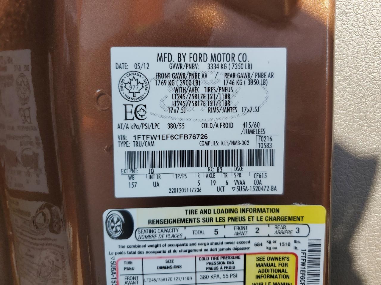 2012 Ford F150 Supercrew VIN: 1FTFW1EF6CFB76726 Lot: 82019085