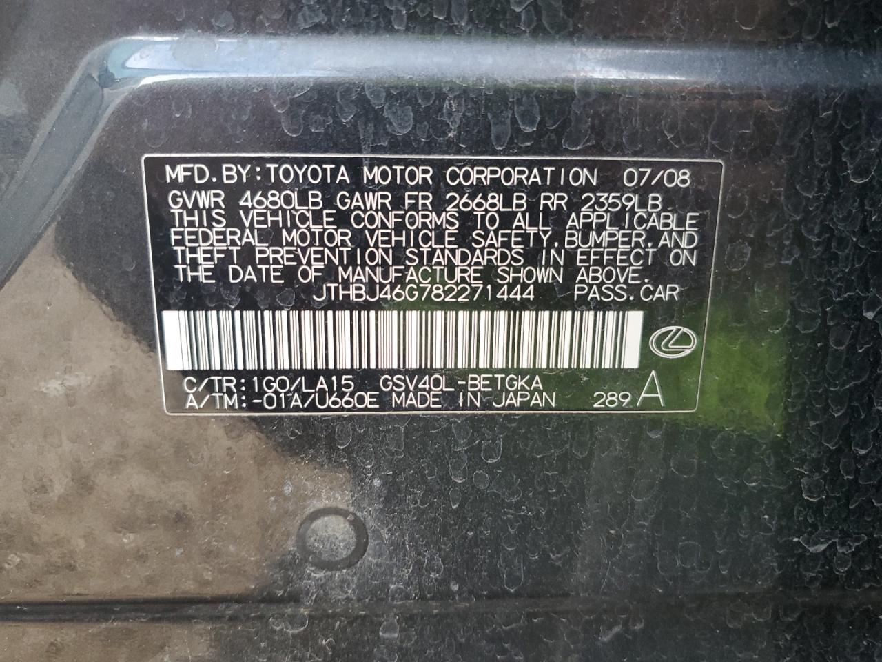 2008 Lexus Es 350 VIN: JTHBJ46G782271444 Lot: 80352515