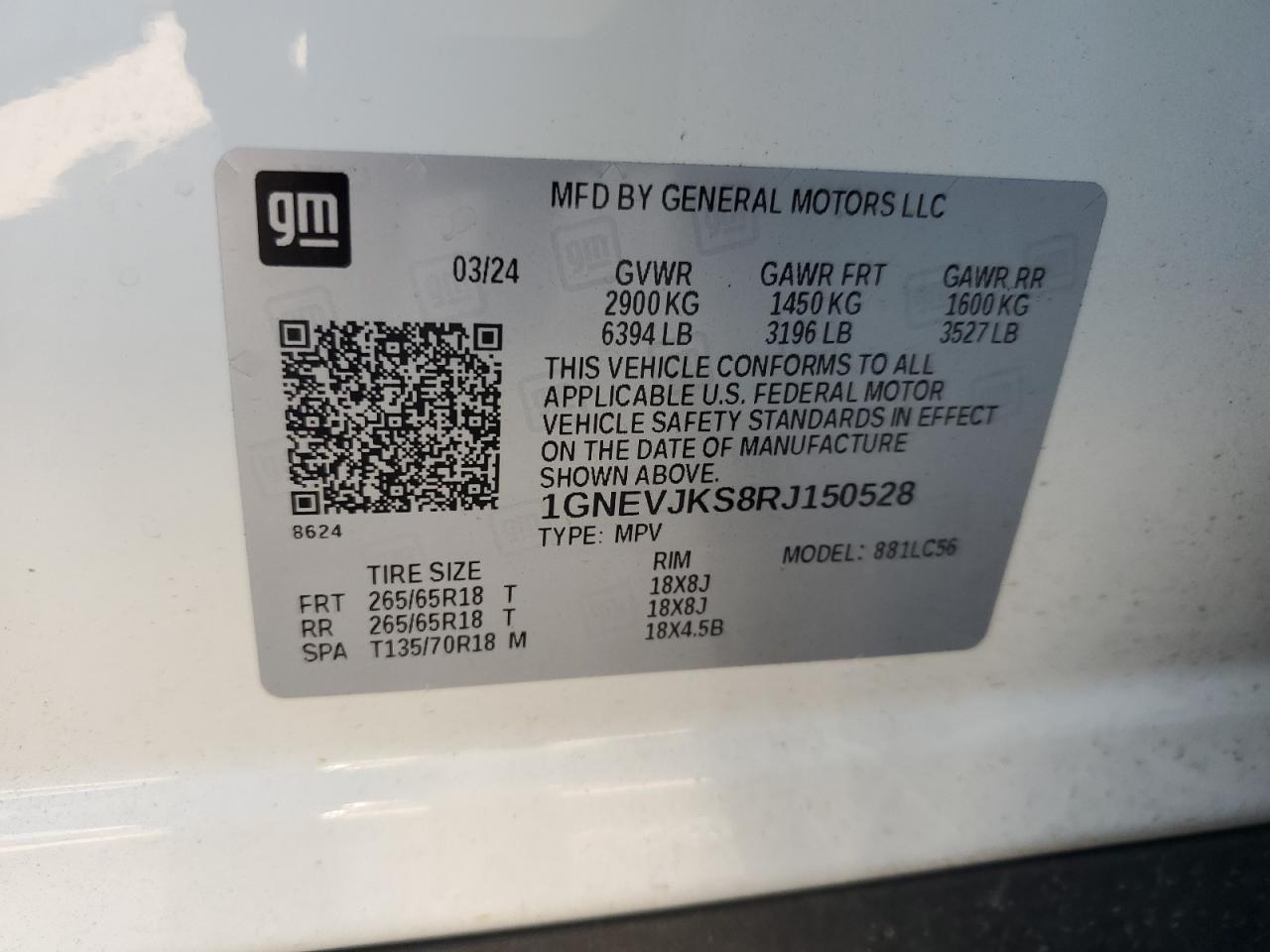 2024 Chevrolet Traverse Lt Z71 VIN: 1GNEVJKS8RJ150528 Lot: 80789375