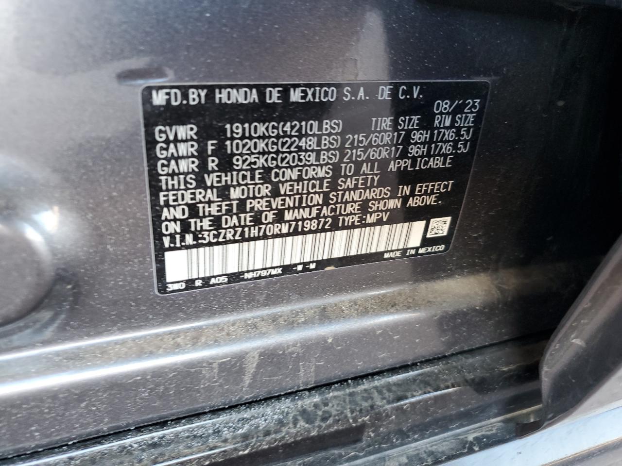 2024 Honda Hr-V Exl VIN: 3CZRZ1H70RM719872 Lot: 80700385