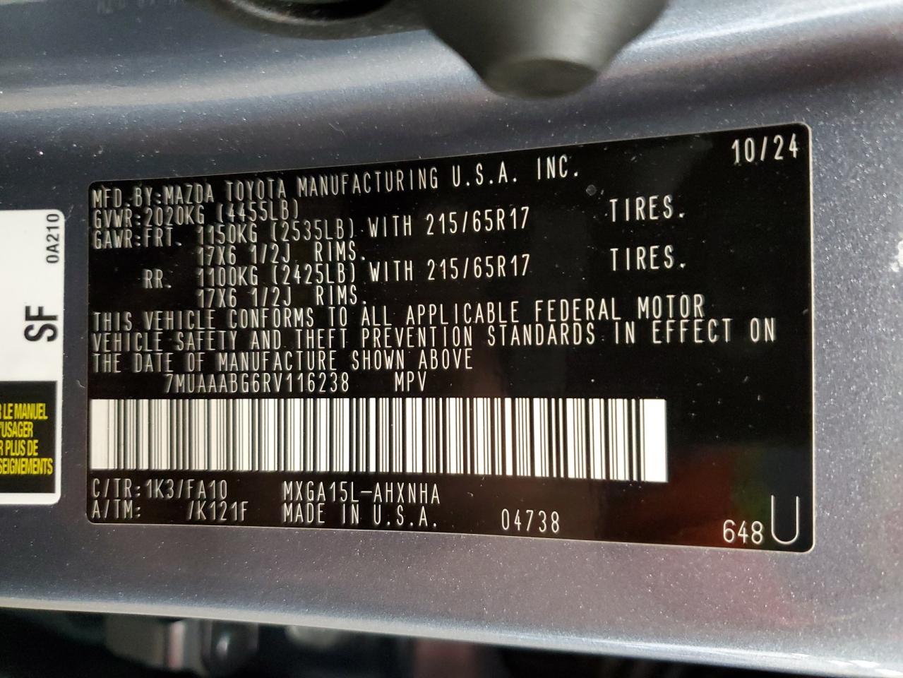 2024 Toyota Corolla Cross L VIN: 7MUAAABG6RV116238 Lot: 81070555