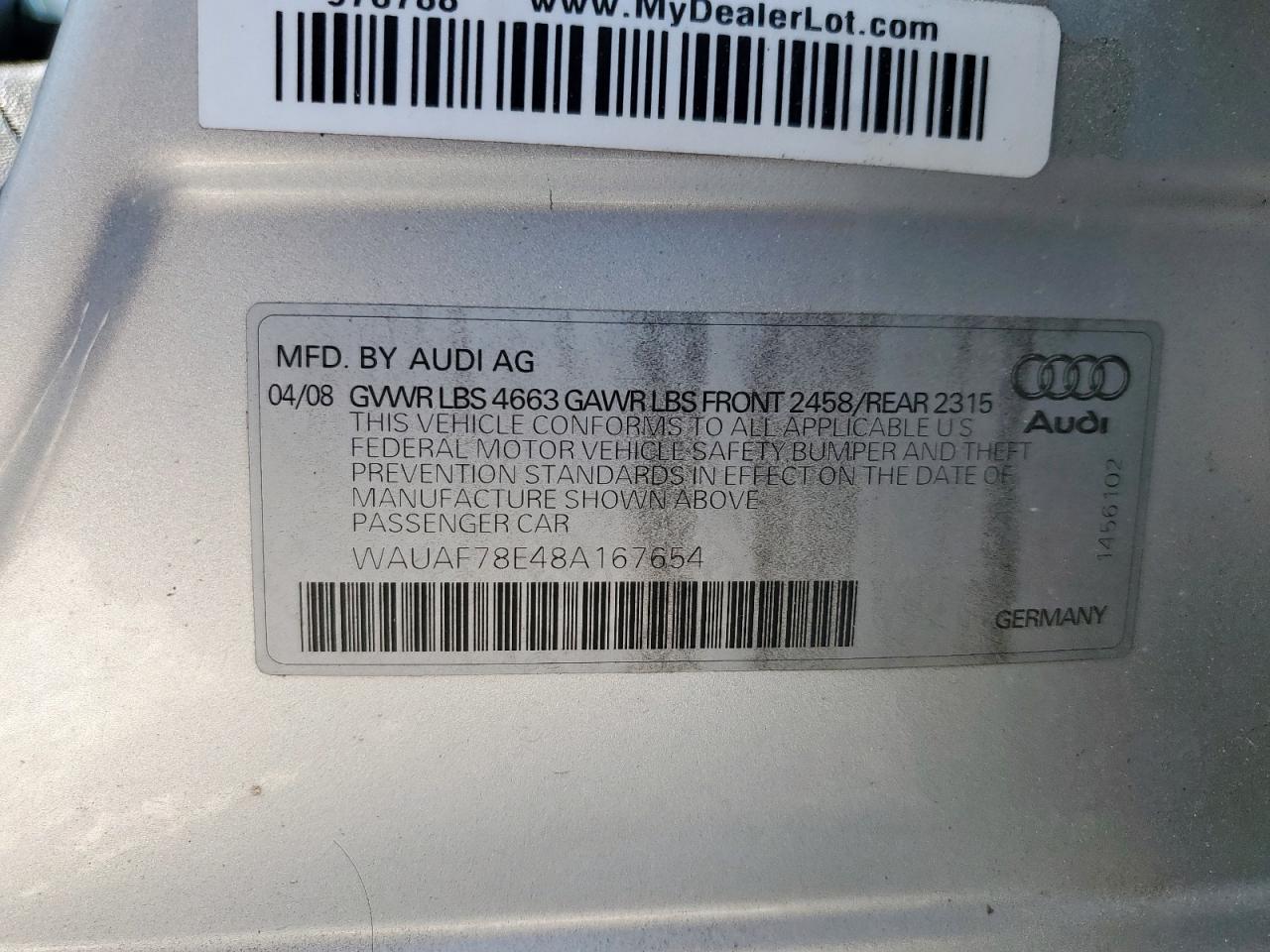 2008 Audi A4 2.0T VIN: WAUAF78E48A167654 Lot: 84037475