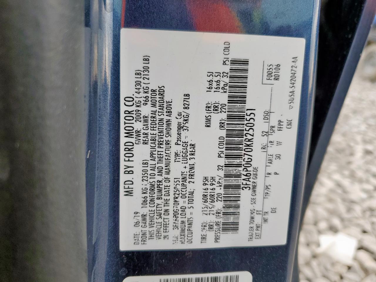 2019 Ford Fusion S VIN: 3FA6P0G70KR250551 Lot: 81039475