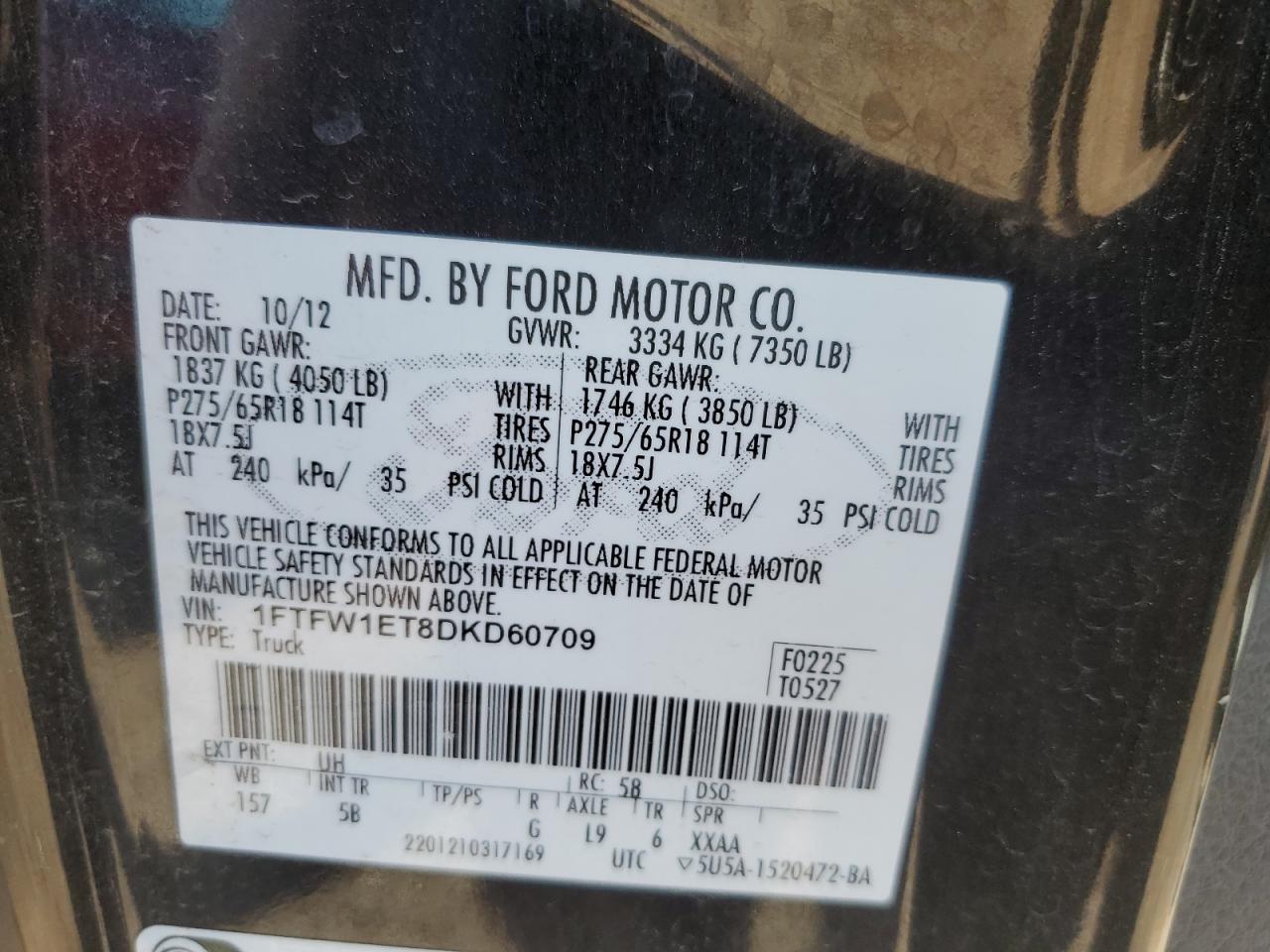 2013 Ford F150 Supercrew VIN: 1FTFW1ET8DKD60709 Lot: 81696995