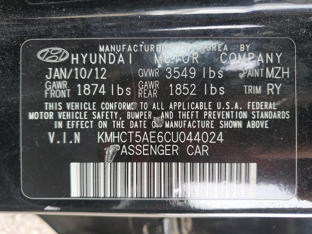 2012 Hyundai Accent Gls VIN: KMHCT5AE6CU044024 Lot: 80703455