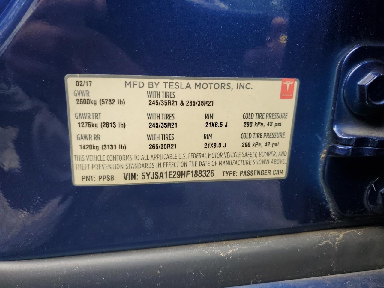 2017 Tesla Model S VIN: 5YJSA1E29HF188326 Lot: 84794895