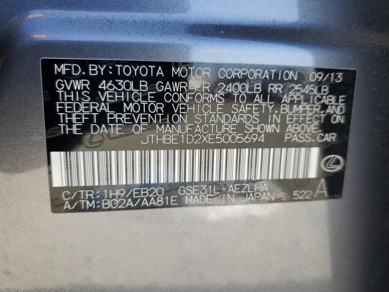 2014 Lexus Is 350 VIN: JTHBE1D2XE5005694 Lot: 80833295