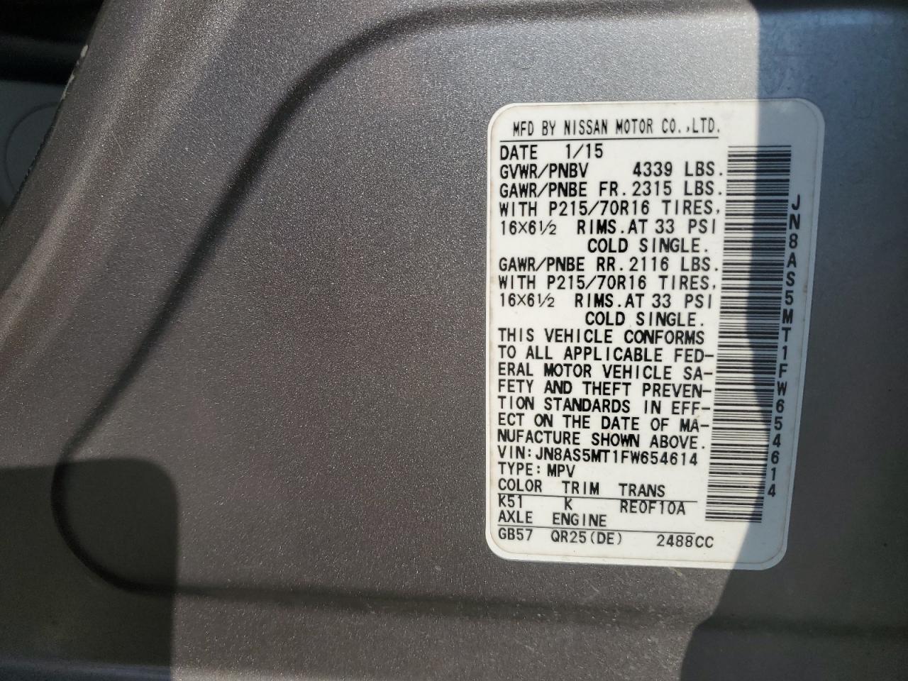 2015 Nissan Rogue Select S VIN: JN8AS5MT1FW654614 Lot: 80367465