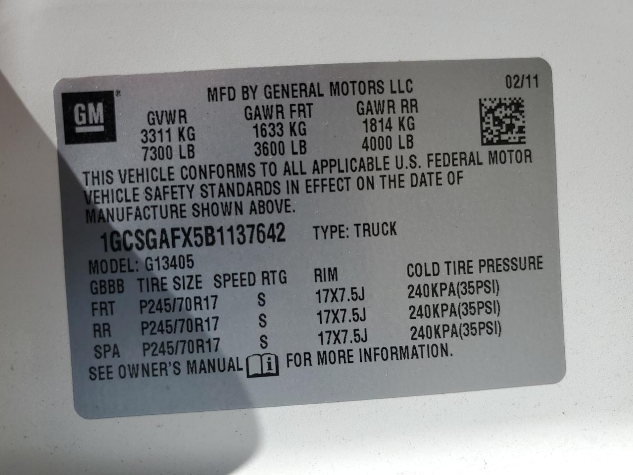 2011 Chevrolet Express G1500 VIN: 1GCSGAFX5B1137642 Lot: 70275975