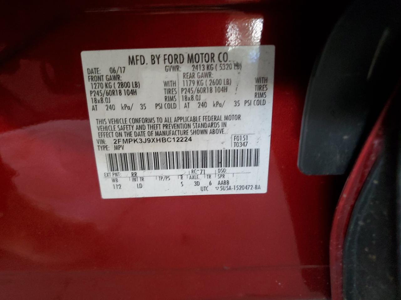 2017 Ford Edge Sel VIN: 2FMPK3J9XHBC12224 Lot: 71922265