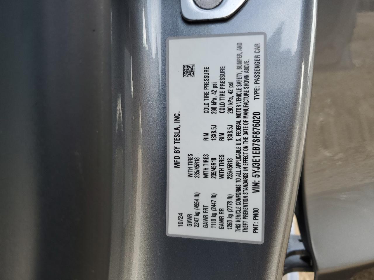 2025 Tesla Model 3 VIN: 5YJ3E1EB7SF876020 Lot: 81794935