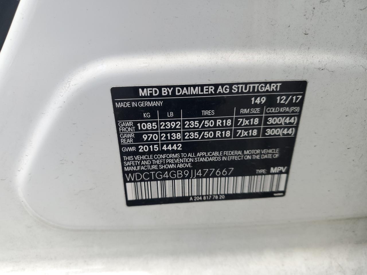 2018 Mercedes-Benz Gla 250 4Matic VIN: WDCTG4GB9JJ477667 Lot: 80249065