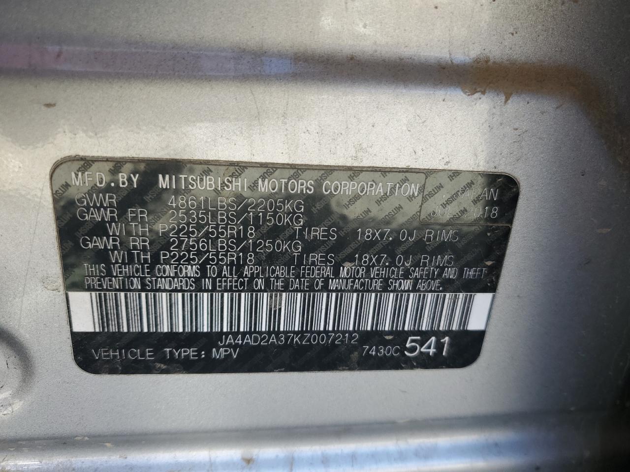 2019 Mitsubishi Outlander Es VIN: JA4AD2A37KZ007212 Lot: 81734915