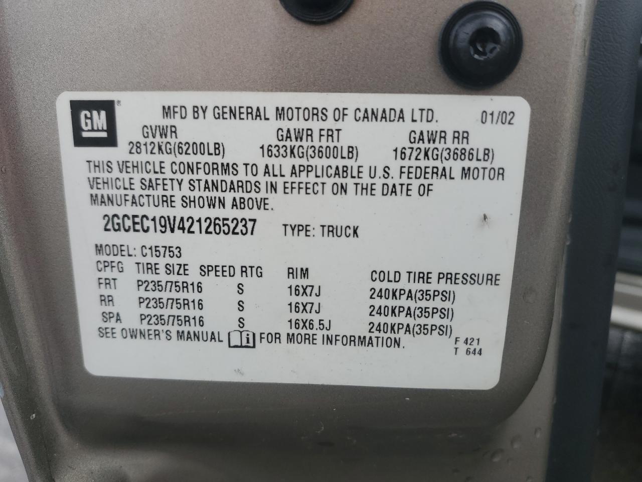 2002 Chevrolet Silverado C1500 VIN: 2GCEC19V421265237 Lot: 81722395