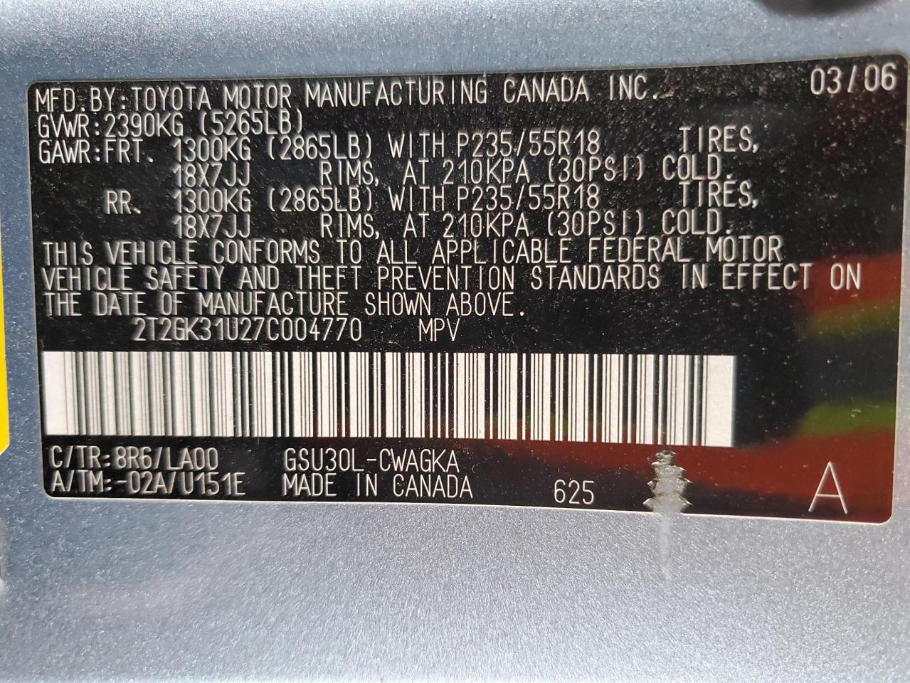 2007 Lexus Rx 350 VIN: 2T2GK31U27C004770 Lot: 84072375