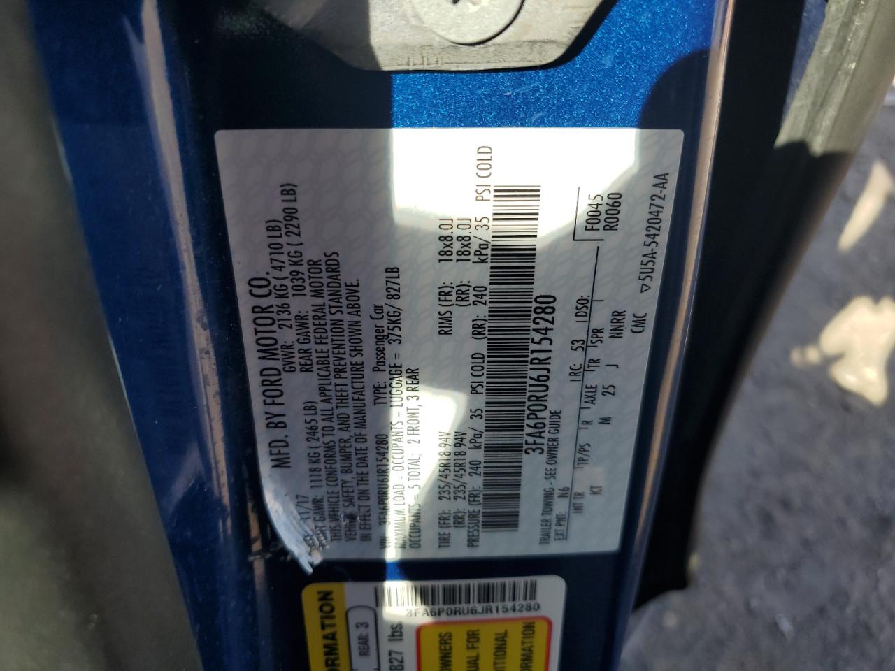 2018 Ford Fusion Titanium/Platinum Hev VIN: 3FA6P0RU6JR154280 Lot: 84401005