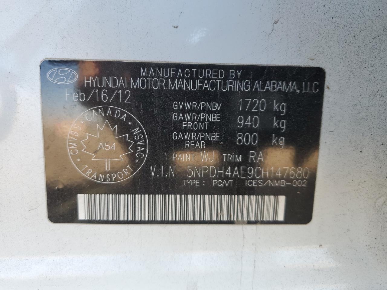 2012 Hyundai Elantra Gls VIN: 5NPDH4AE9CH147680 Lot: 84458215