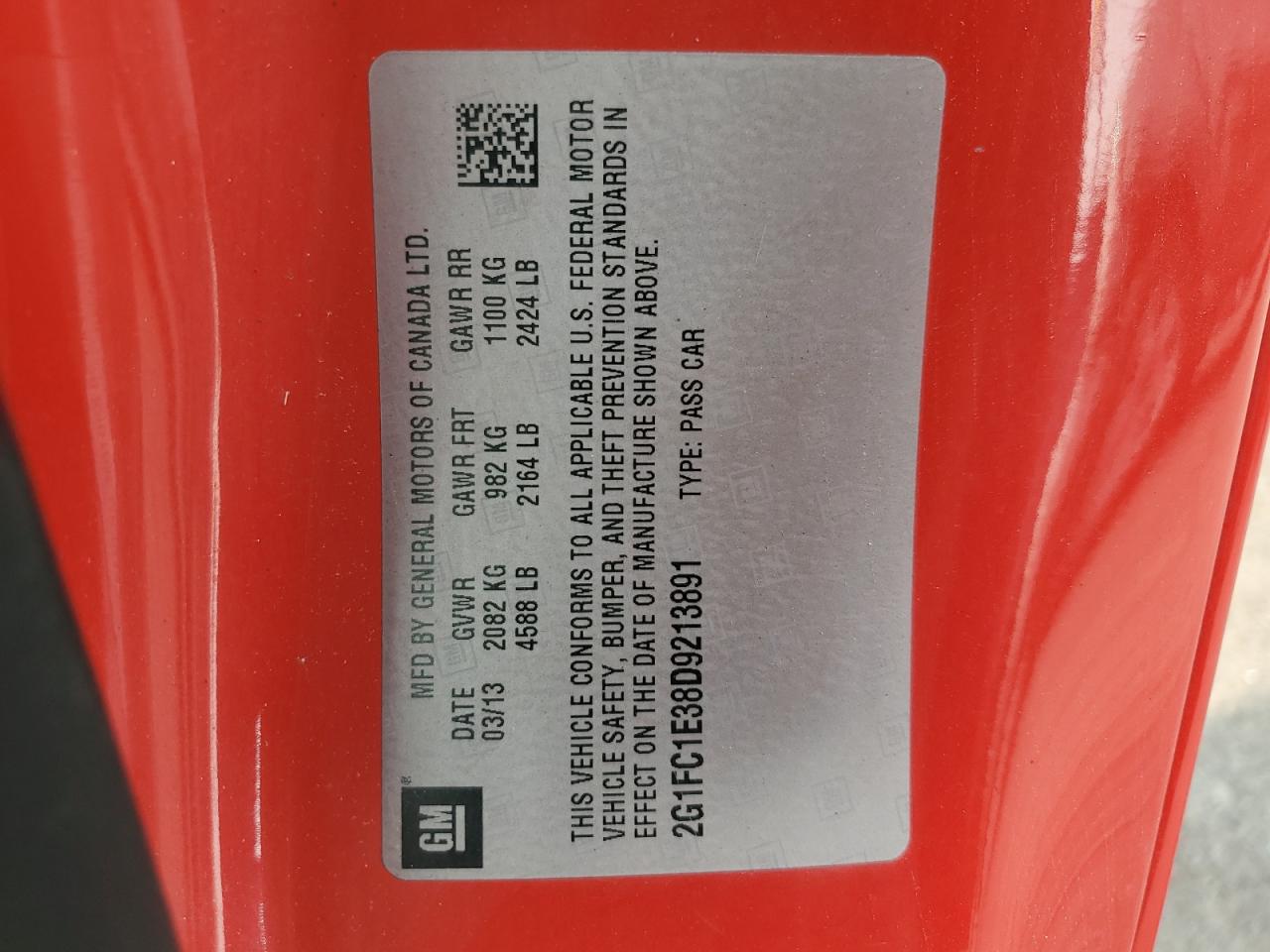 2013 Chevrolet Camaro Lt VIN: 2G1FC1E38D9213891 Lot: 71870785